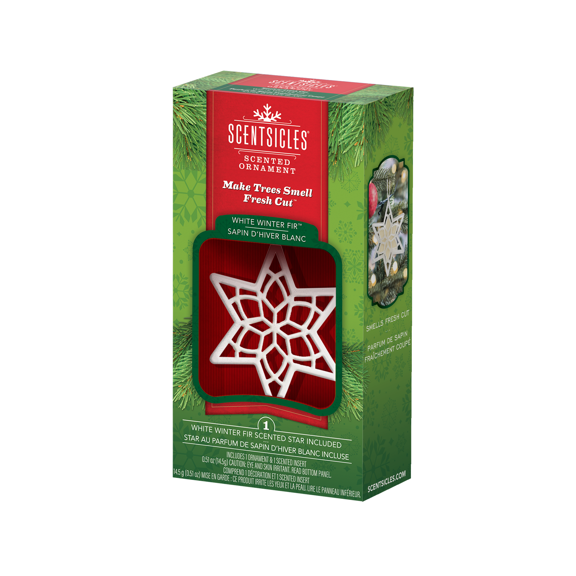 Scentsicles 'White Winter Fir' scented ornament packaging, featuring a green box with pine tree imagery and a cutout window revealing a white star-shaped ornament inside. The red label on the front prominently displays the product name and tagline, 'Make Trees Smell Fresh Cut.' The side of the box includes instructions and an image showing the ornament in use, emphasizing its fresh-cut pine scent.