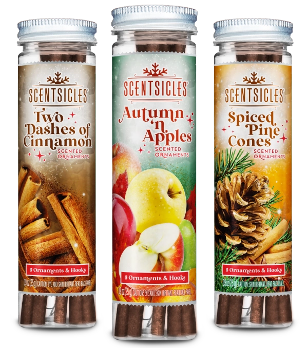 Scentsicles scented ornaments in three fragrances: Two Dashes of Cinnamon, Autumn 'n Apples, and Spiced Pine Cones, each bottle containing six scented ornaments with hooks.