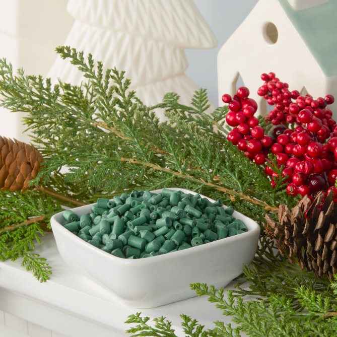 Scentsicles fragrance granules in a white dish, surrounded by festive greenery, pinecones, and red berries, evoking the fresh scent of a real Christmas tree.