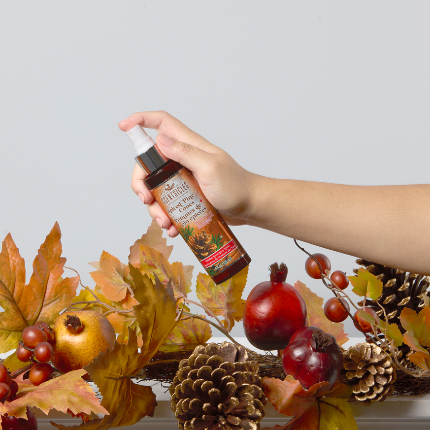 Hand applying Scentsicles Spiced Pine Cone scented spray to a festive autumn arrangement with leaves, pinecones, and fruit, infusing the space with warm, seasonal fragrance.