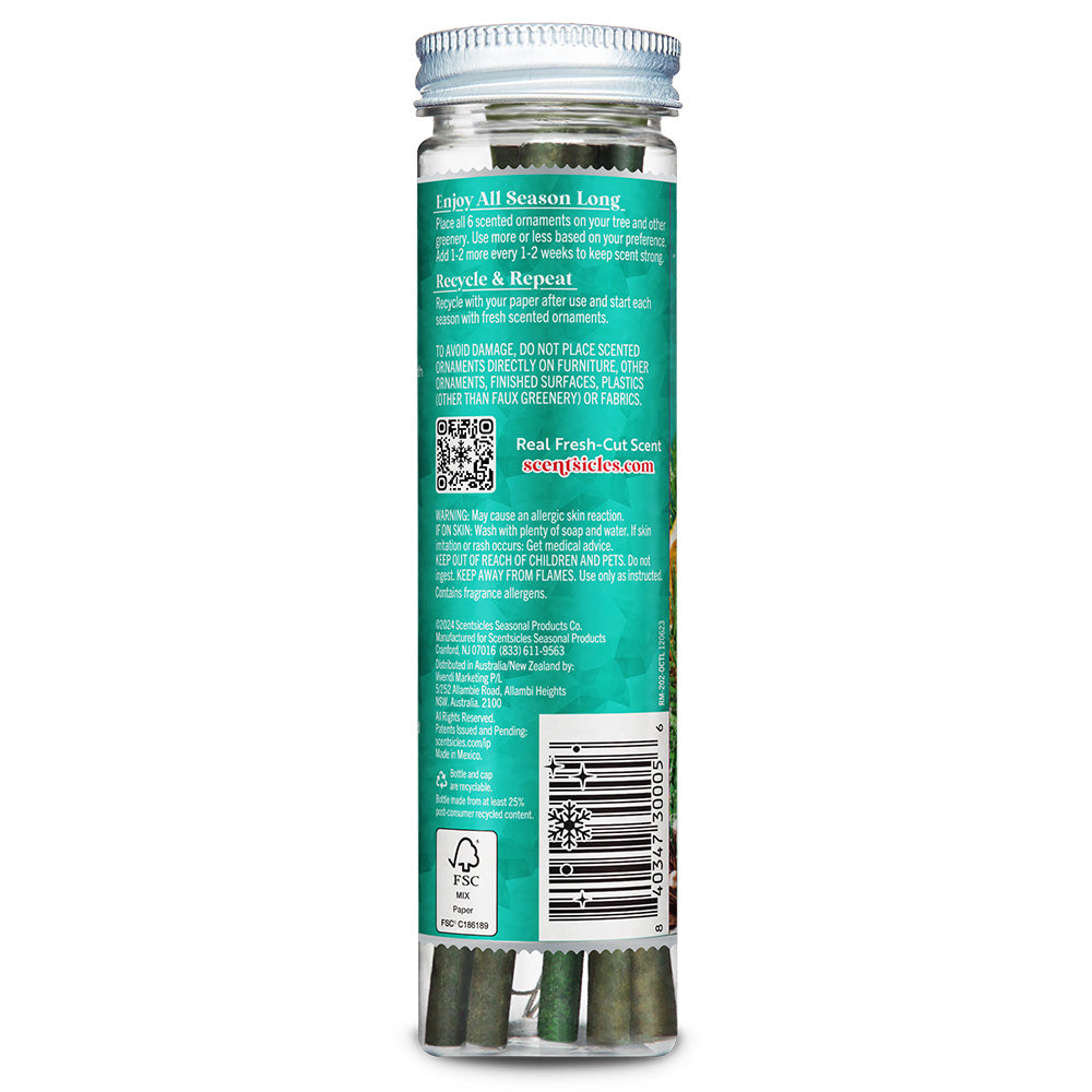 Back label of Scentsicles O Christmas Tree scented ornaments bottle, showing usage instructions, recycling information, and product details.