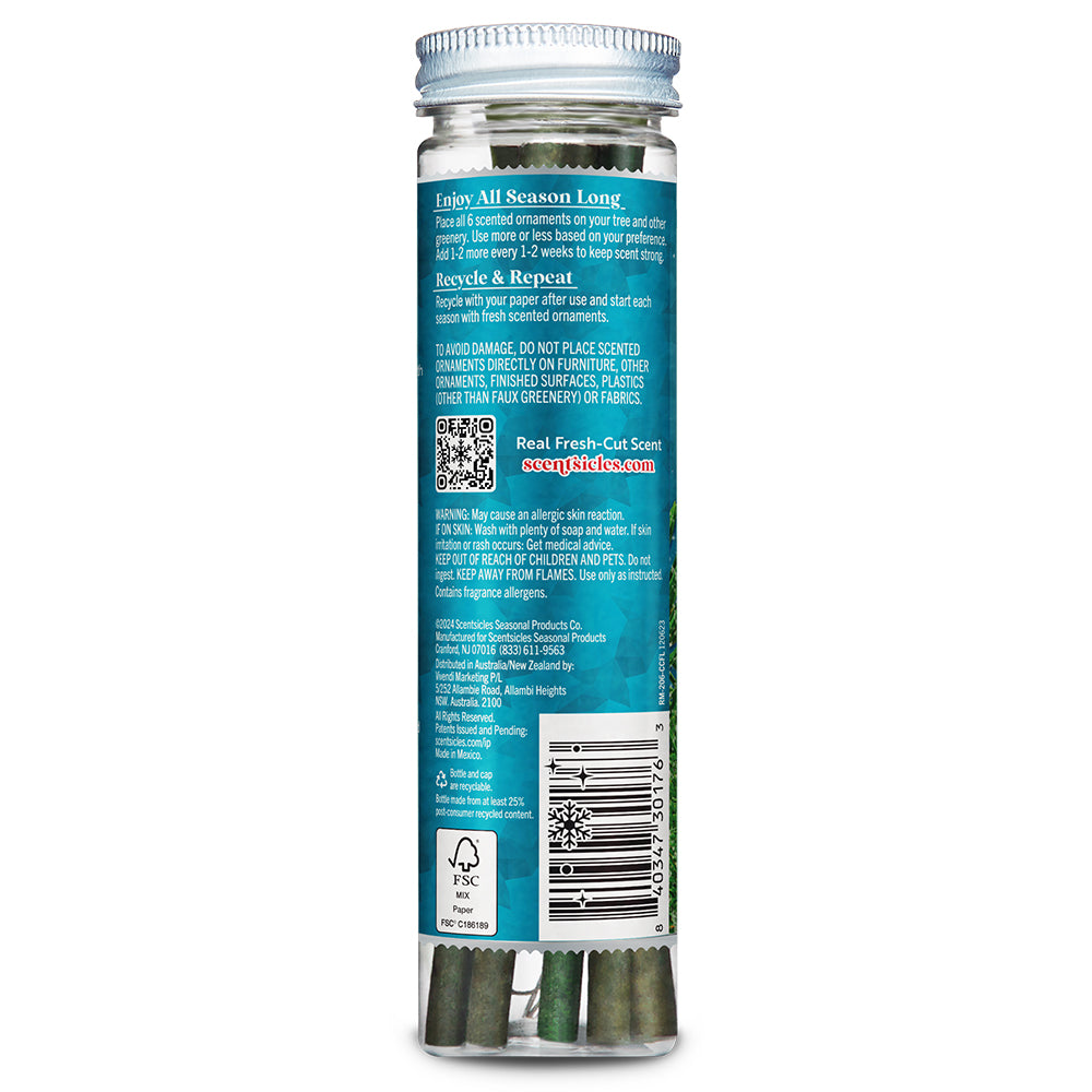 Back view of the Scentsicles 'Candy Cane Forest' scented ornaments tube, displaying instructions for use, recycling information, and a barcode at the bottom. The blue label emphasizes the product’s long-lasting scent and eco-friendly features.