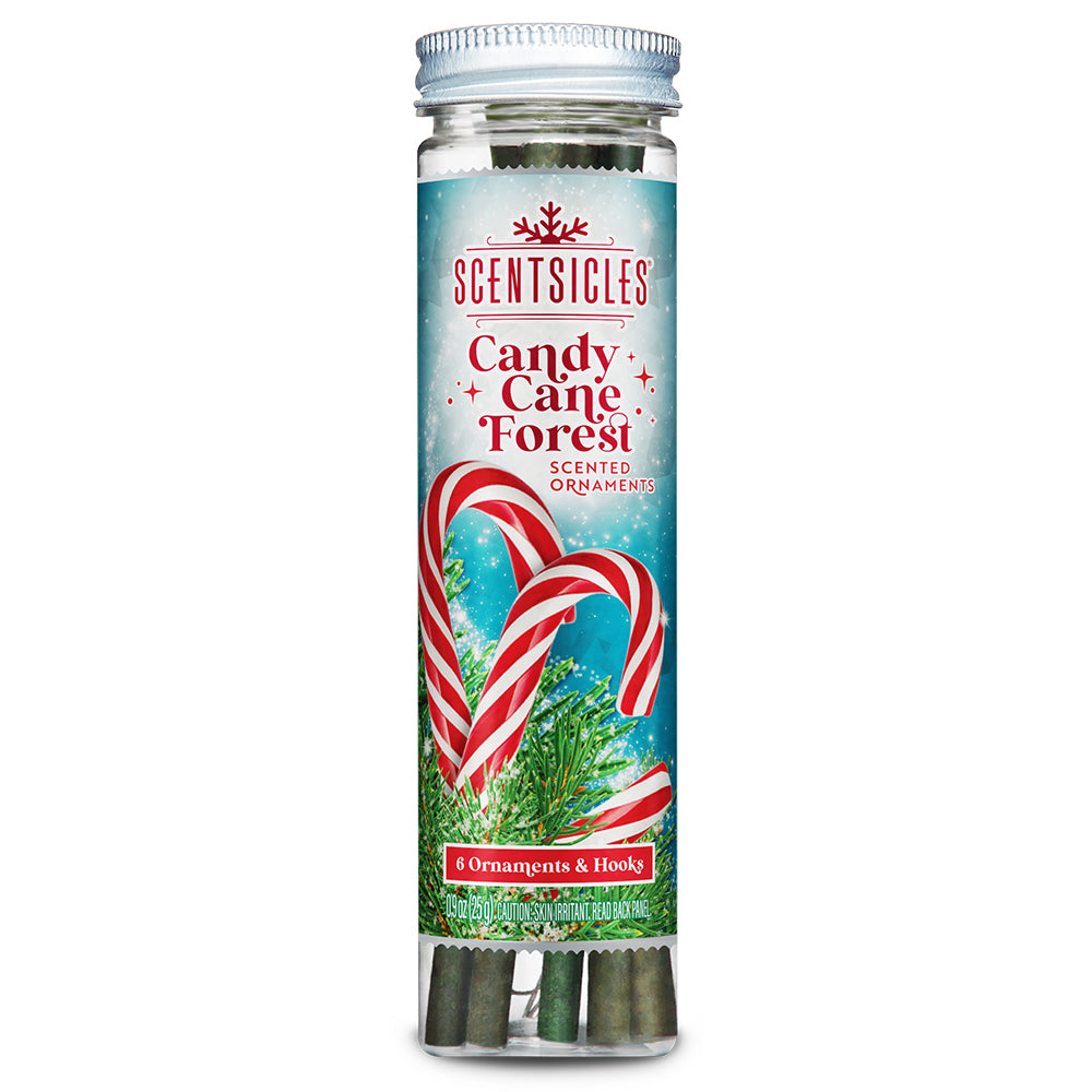 Front view of Scentsicles 'Candy Cane Forest' scented ornaments tube, featuring vibrant candy cane imagery against a snowy background. The packaging highlights the product's festive scent and includes six ornaments with hooks, ideal for enhancing holiday décor.