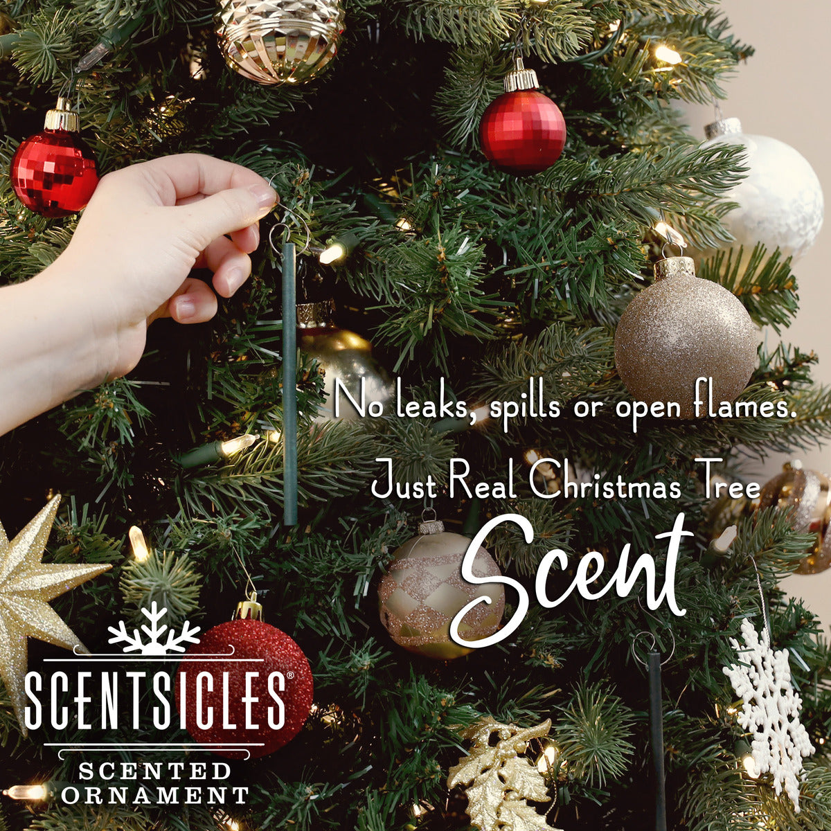 Hand decorating a Christmas tree with Scentsicles scented ornaments amidst red, gold, and white baubles. The image highlights the benefits of the product: 'No leaks, spills, or open flames. Just Real Christmas Tree Scent.