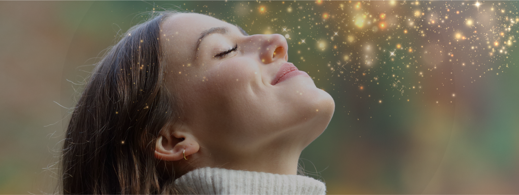 Woman enjoying the magical scent experience, surrounded by glowing particles in the air, representing the soothing and refreshing fragrance of Scentsicles.