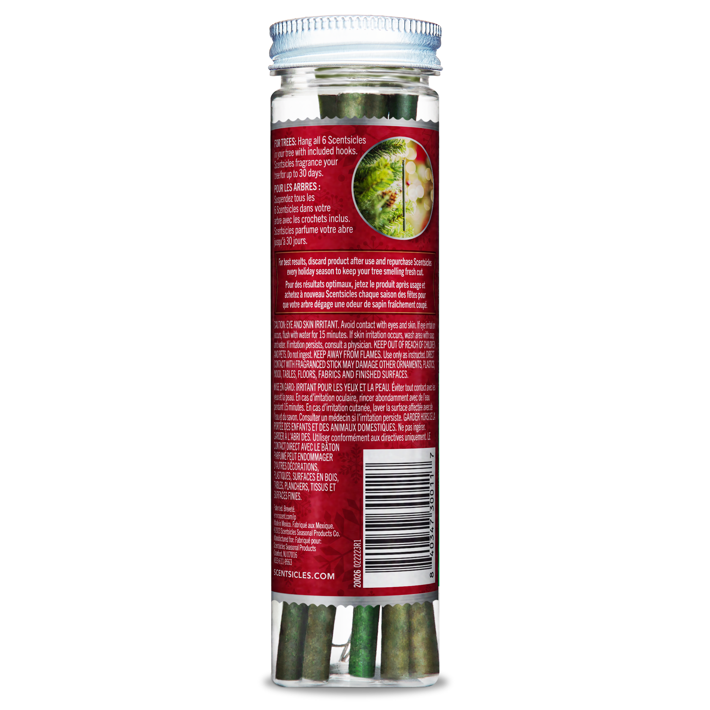 Back view of Scentsicles Christmas Berry scented ornaments jar, showing usage instructions, product information, and a barcode on a white background.