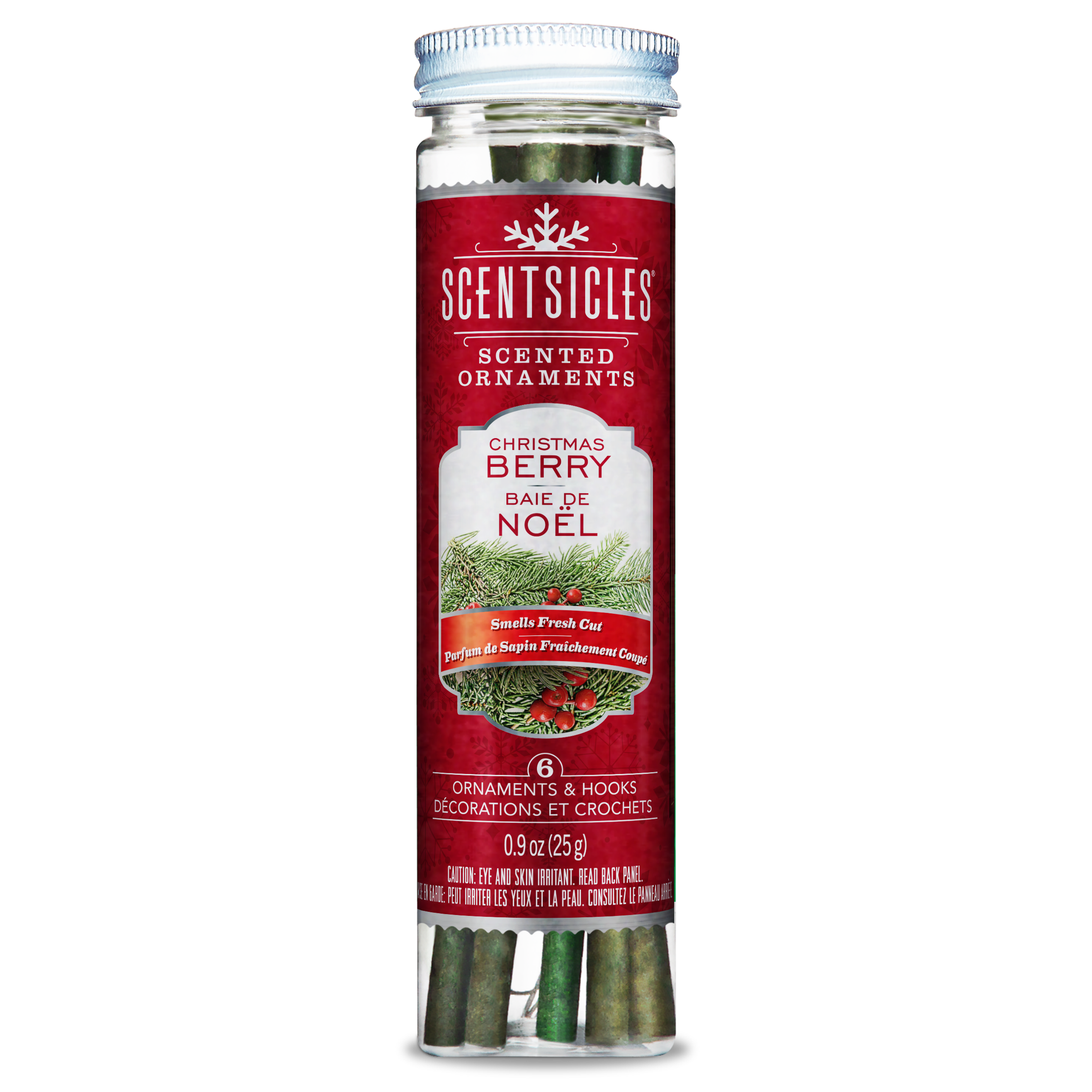 Front view of Scentsicles Christmas Berry scented ornaments jar, showcasing the product label with festive red design, pine branches, and holly berries, emphasizing 'Smells Fresh Cut' and includes 6 ornaments with hooks.