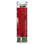 Side view of Scentsicles Christmas Berry scented ornaments jar, highlighting a close-up of a single green ornament stick and its hook against the festive red label, emphasizing the product's decorative use for the holiday season.