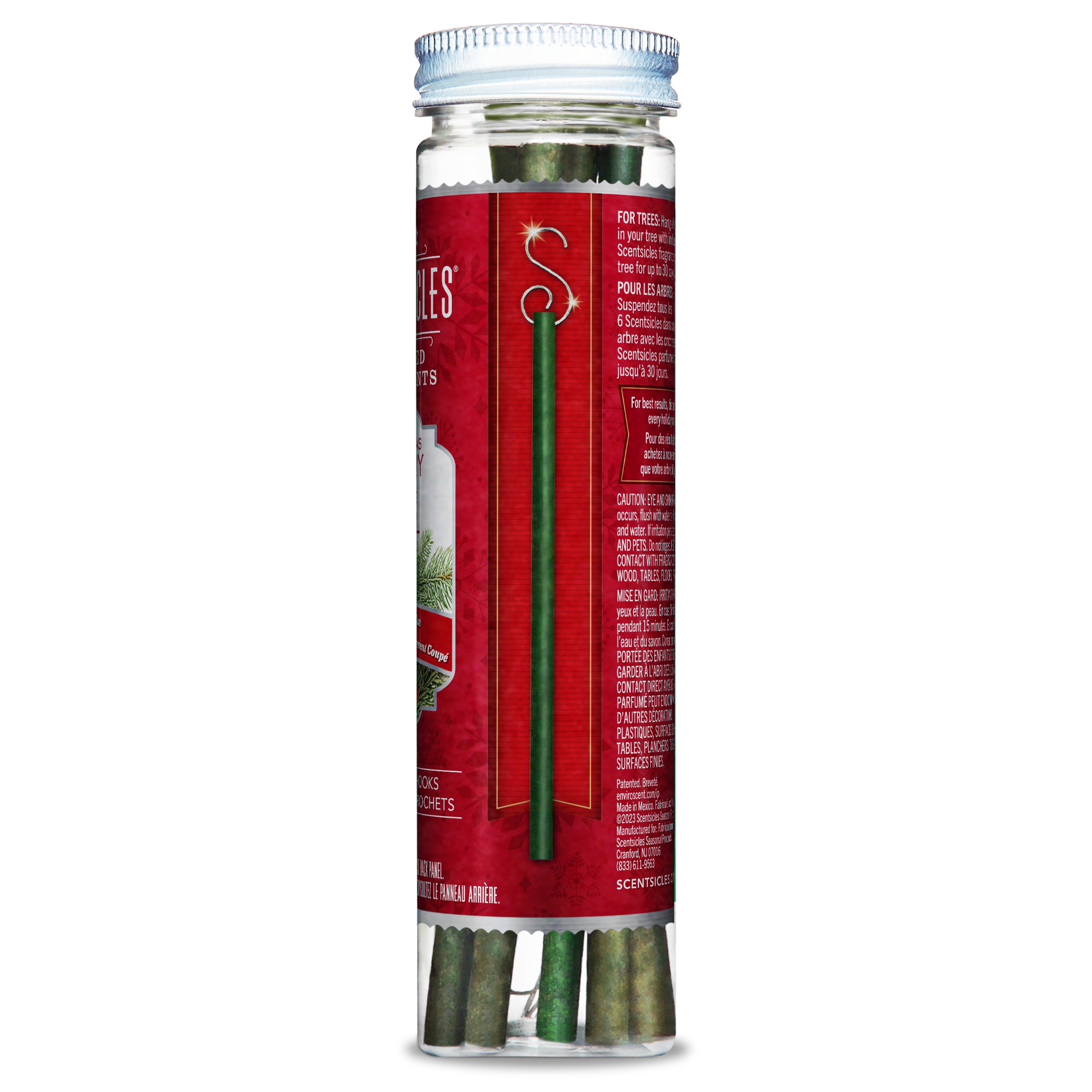 Side view of Scentsicles Christmas Berry scented ornaments jar, highlighting a close-up of a single green ornament stick and its hook against the festive red label, emphasizing the product's decorative use for the holiday season.