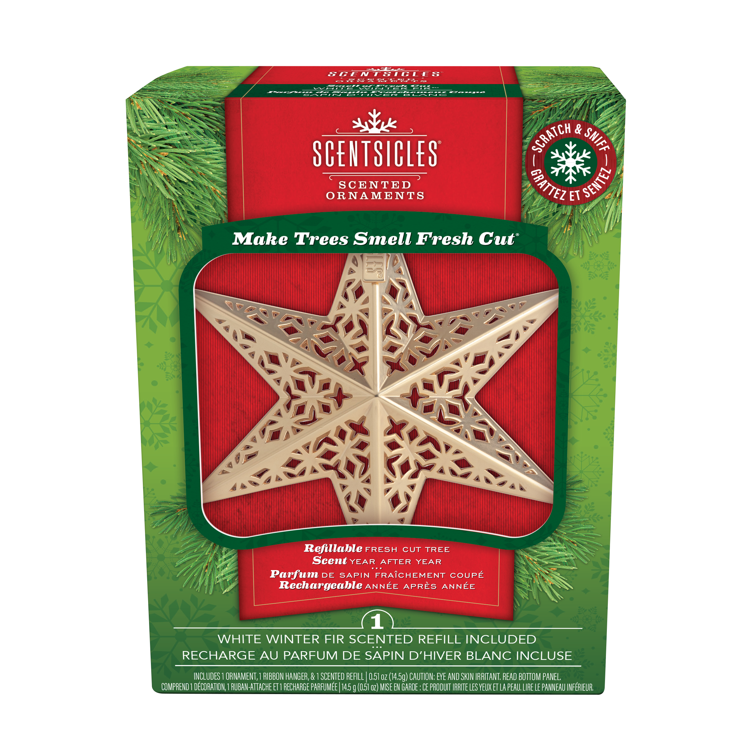 Scented Decorative Ornament, White Winter Fir, Metal Gold Star, Refillable with Star-Shaped Scents, Refills Sold Separately