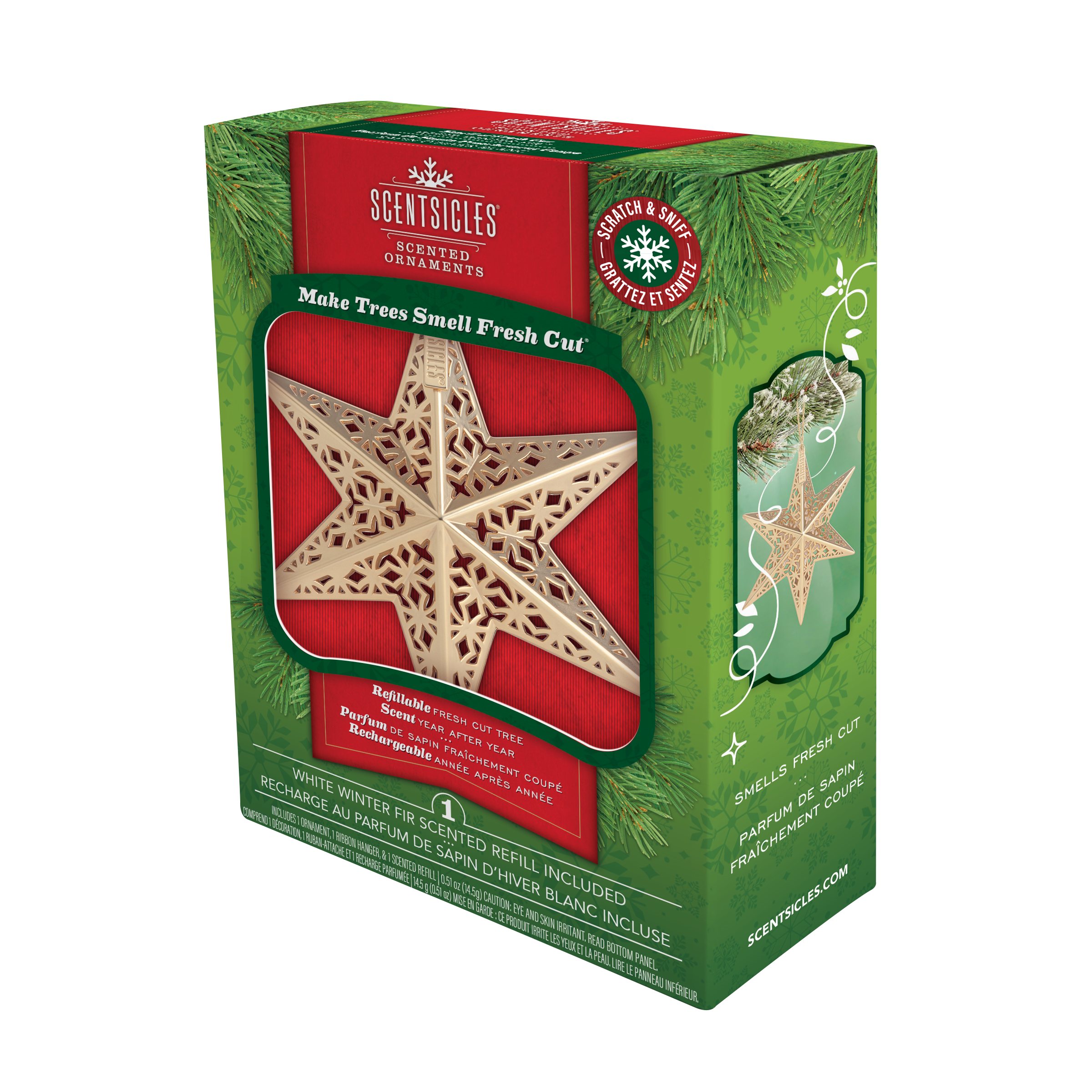 Scented Decorative Ornament, White Winter Fir, Metal Gold Star, Refillable with Star-Shaped Scents, Refills Sold Separately