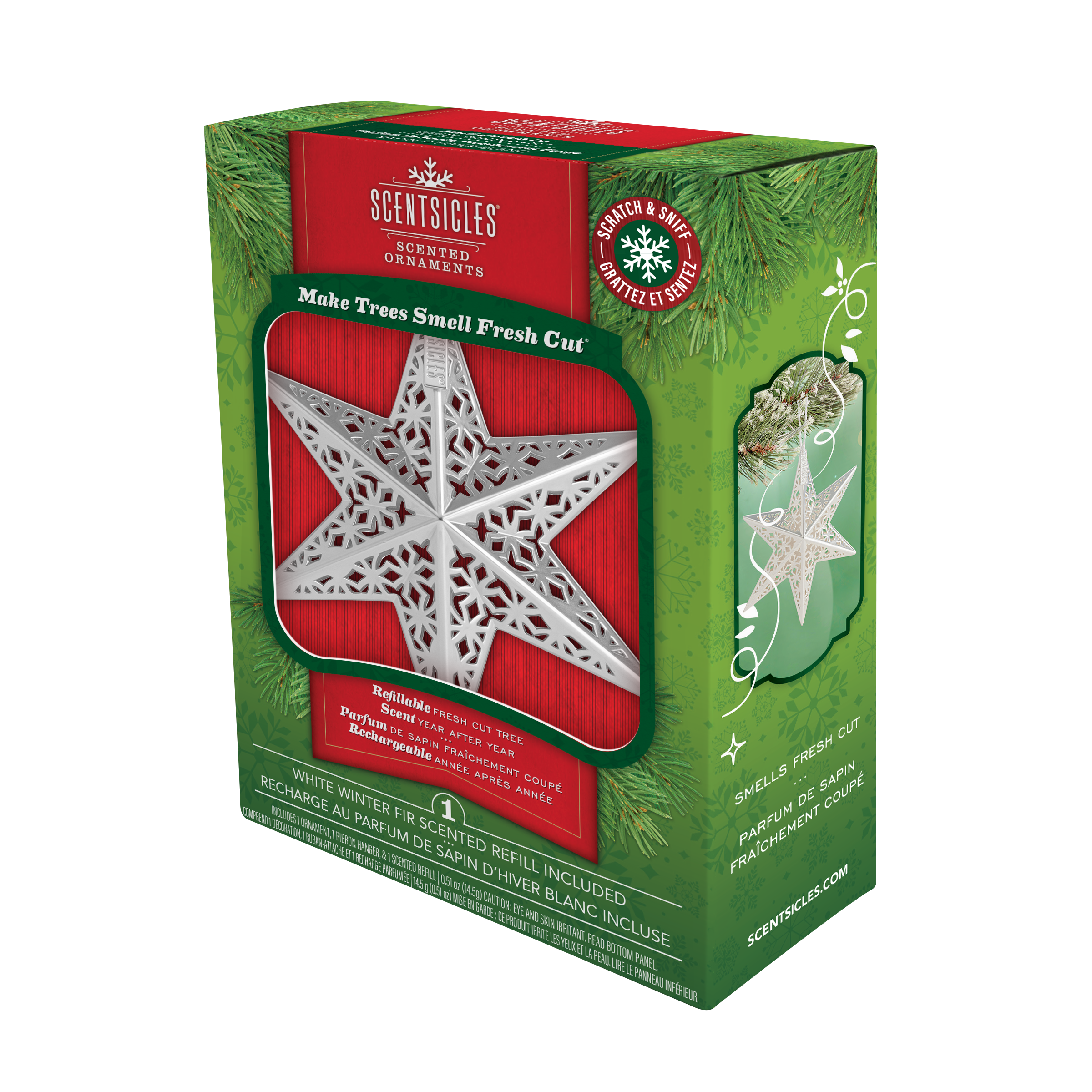 Scented Decorative Ornament, White Winter Fir, Metal White Star, Refillable with Star-Shaped Scents, Refills Sold Separately