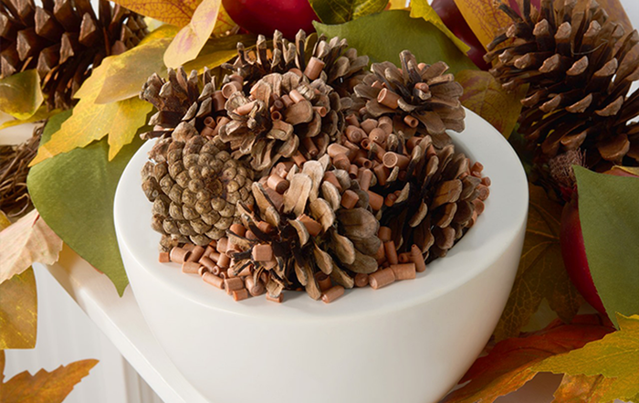 Autumn-inspired display featuring a white bowl filled with pinecones and brown scented ornament sticks, surrounded by colorful fall leaves and additional pinecones, creating a cozy seasonal atmosphere.