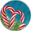 Two candy canes crossed over each other, set against a green background with pine needles, framed within a circular design.