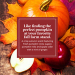 Autumn-themed image featuring a large pumpkin, apples, and fall leaves with a text overlay that reads: 'Like finding the perfect pumpkin at your favorite fall farm stand. A crisp autumn scent featuring fresh pumpkin vines, sugary pumpkin rolls, and apple cider with a hint of ginger.