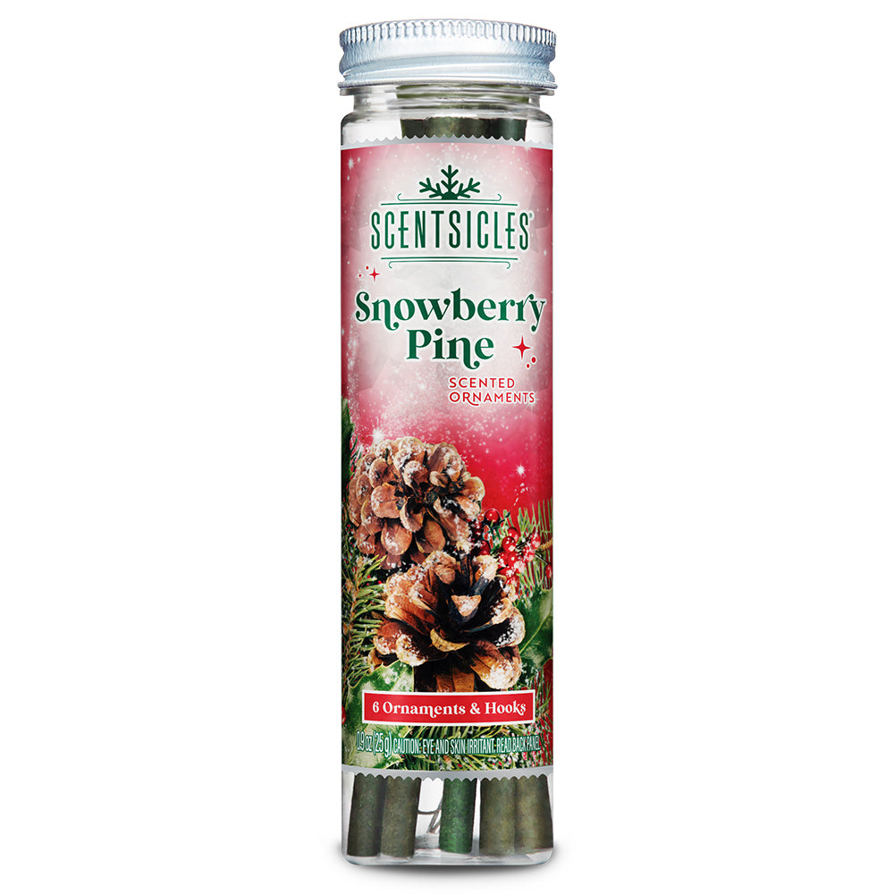 Scentsicles 'Snowberry Pine' scented ornaments in a clear tube with green sticks, featuring a wintery label design with pinecones and red berries. The product name 'Snowberry Pine' is displayed in bold green text against a snowy red background, emphasizing its fresh, festive scent. The bottom of the label highlights that the package includes 6 ornaments and hooks.